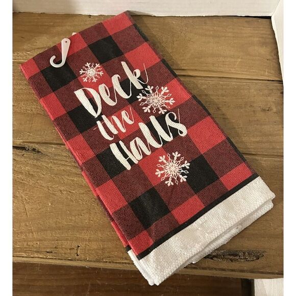 Christmas House Deck The Halls Kitchen Hand Dish Towels 15" x 25" Plaid NWT - Picture 2 of 4